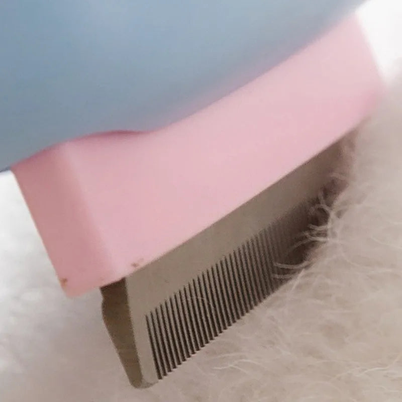Blue and green double-sided pet grooming brush showing deshedding rake and dematting comb sides.