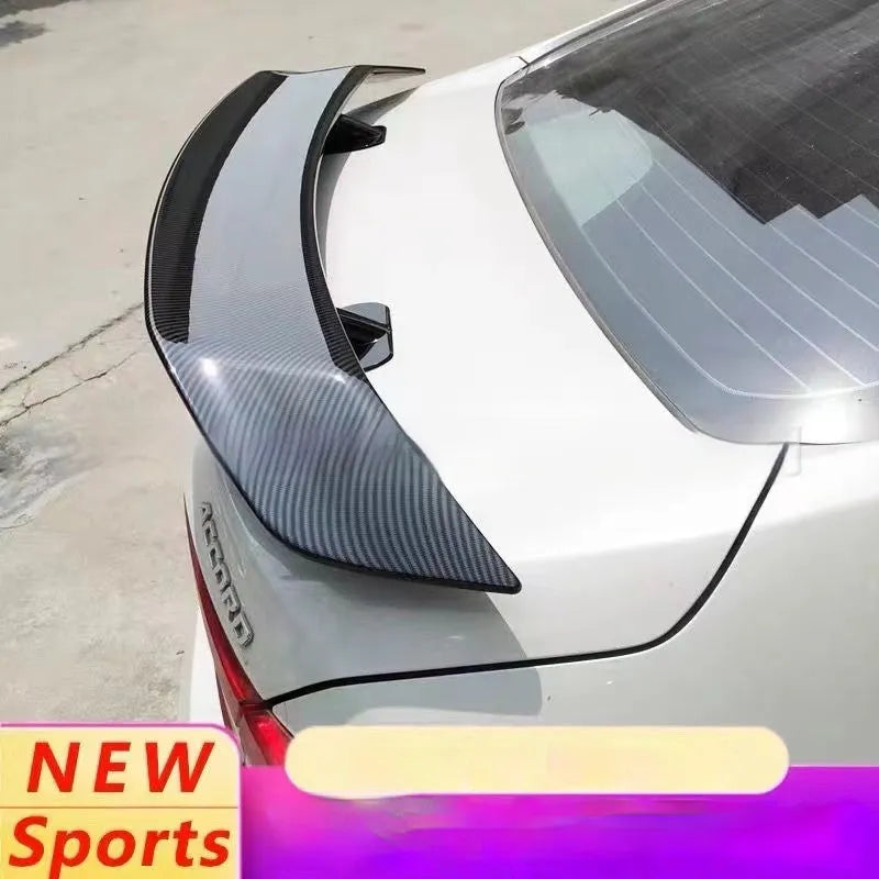 Universal car punch-free tail wing spoiler in ABS plastic, showing bright black, bright white, and carbon pattern finish options.