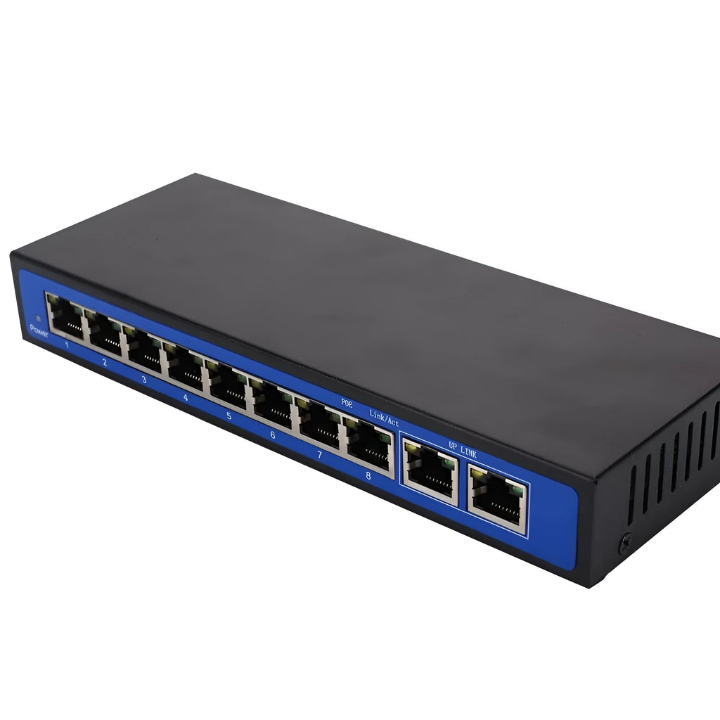 8+2 port 100M POE switch with eight IEEE 802.3af/at PoE ports, two uplink Ethernet ports, and 48V 3A external power adapter.