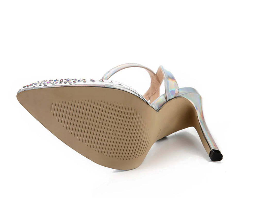 Women's pointed-toe sandals with diamond decoration and a thin stiletto heel.