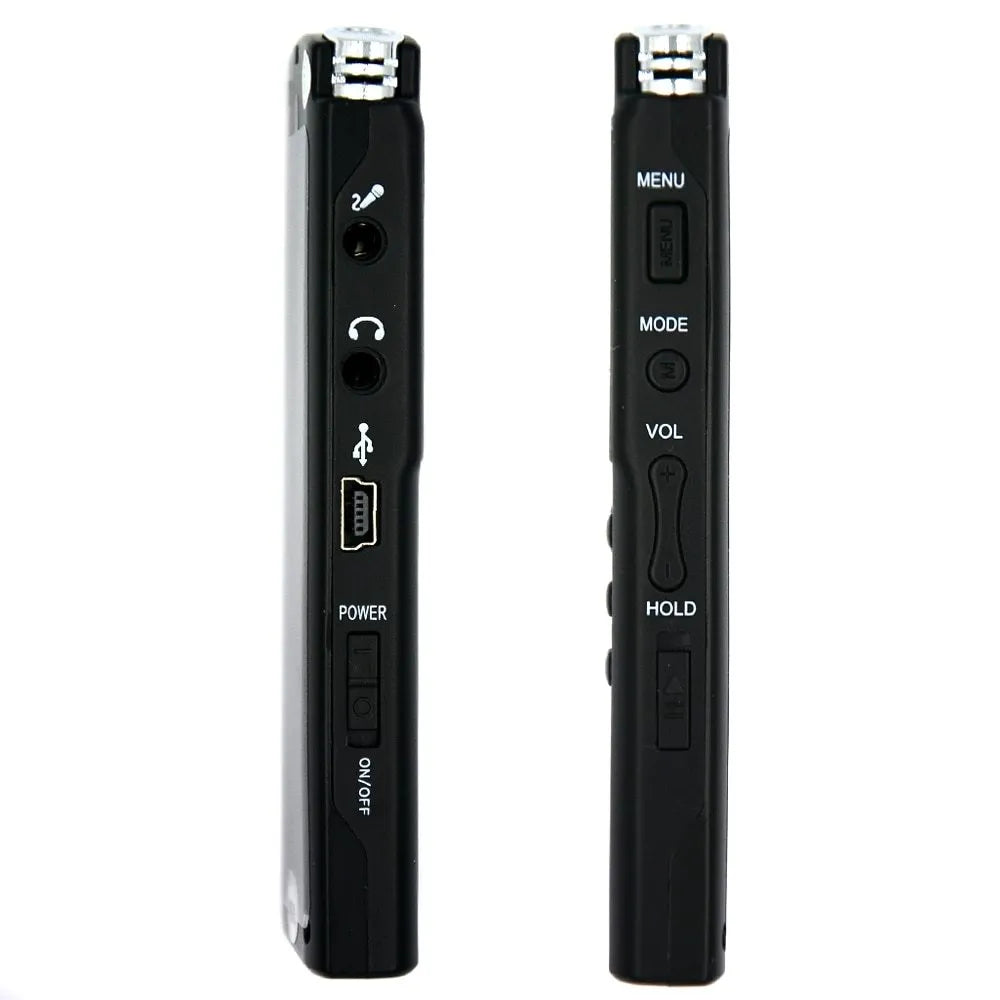 Compact black USB voice recorder with display screen, showing 16GB memory and external microphone port.