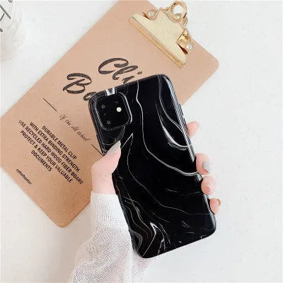 Marble mobile phone case for iPhone in black and white soft shell design, showing fade-resistant pattern