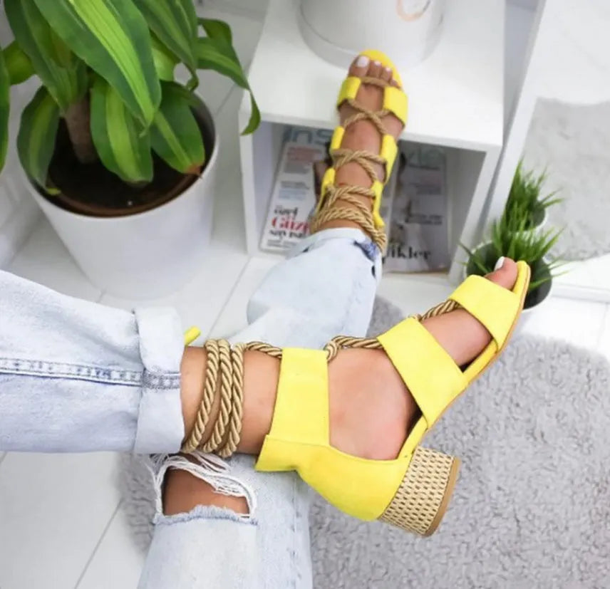 Women's thick heel suede sandals in colour matching pattern with fish mouth toe and ankle strap