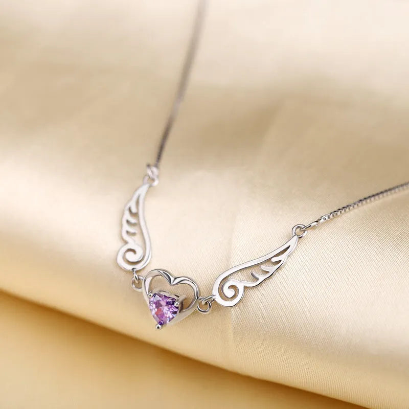 925 sterling silver angel wings pendant necklace with purple crystal heart on 45cm link chain