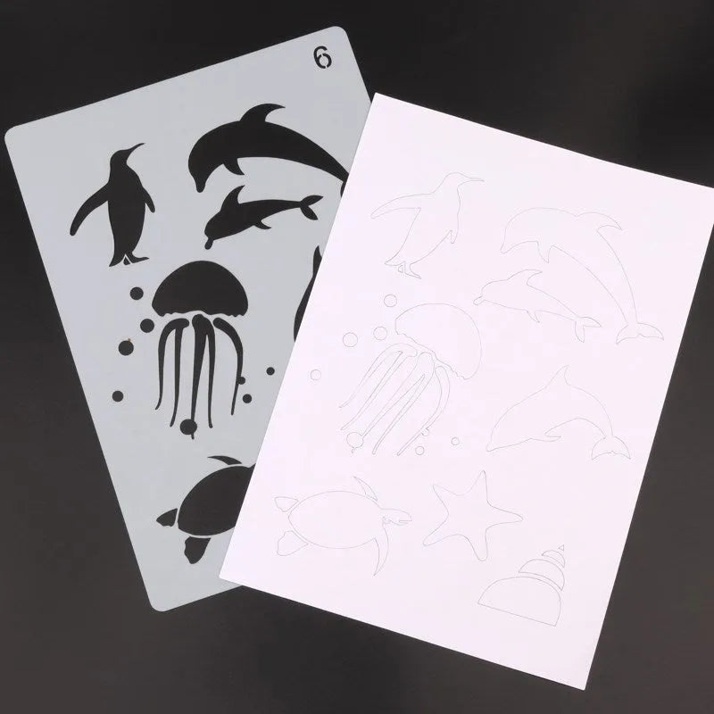White plastic drawing stencil sets showing multiple pattern designs for art and craft projects