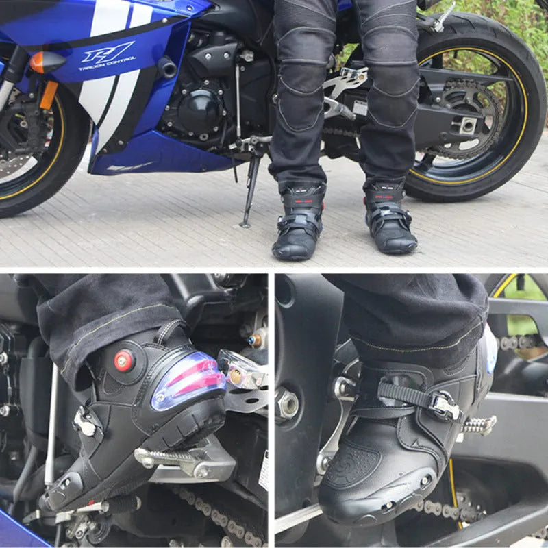 Road motorcycle riding shoes ankle boots with anti-twist design, yellow sticking block, and adjustable buckle, sizes 38-45.