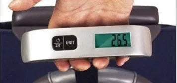 T-shaped electronic scale 50kg/10g with backlit LCD screen, black plastic, 16cm x 3cm portable size.