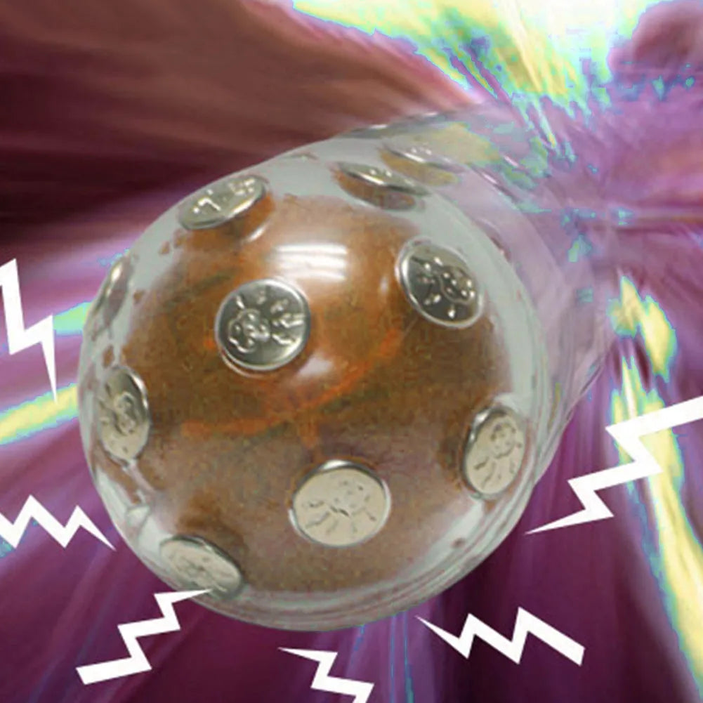Gold electric shocking ball toy with red and blue LED light, plastic and electronic construction, 2 AAA batteries
