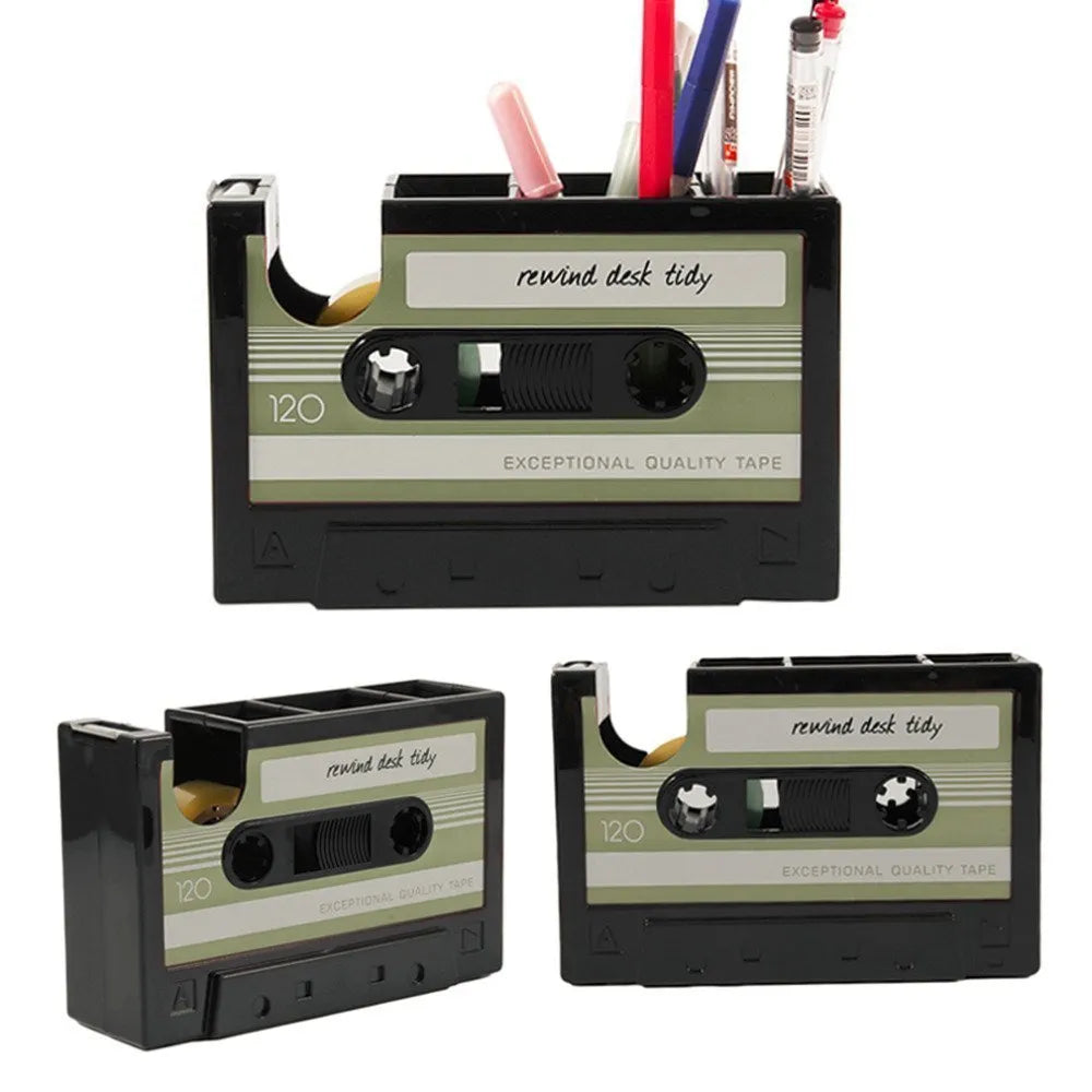 Cassette tape dispenser pen holder in ABS and stainless steel, 17x5x11.5cm, shown in black or blue with small core tape