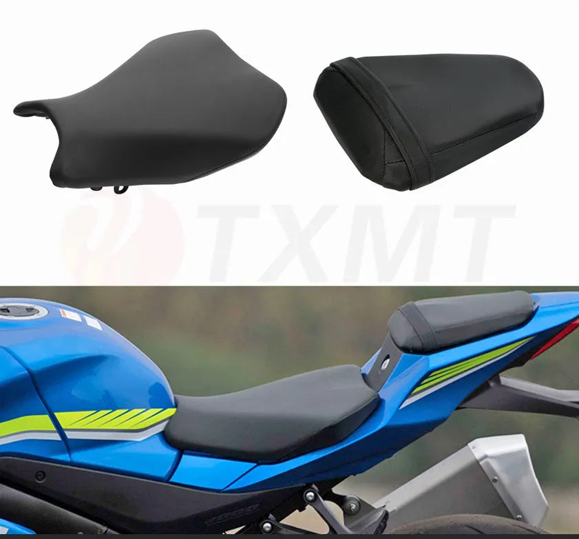 Waterproof PU leather seat cover for Suzuki GSXR1000 motorcycle on a front seat.