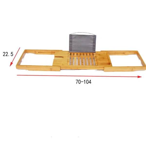 Natural bamboo single-tier desktop shelf for bathroom storage on a bathtub ledge.