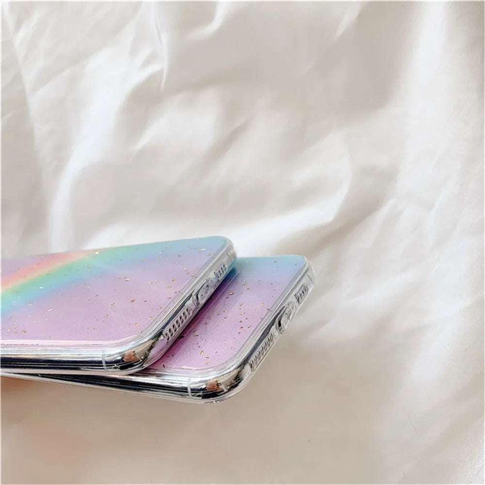 Rainbow gradient iPhone case with striped design on TPU protective shell