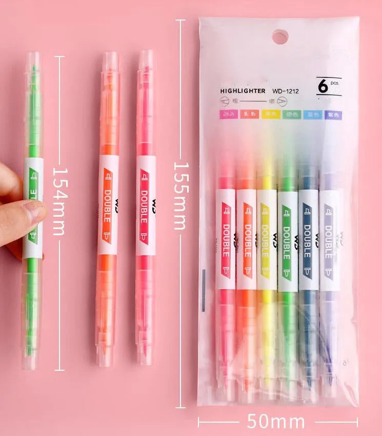 Set of six double-headed marker pens with round and oblique tips in six different colours