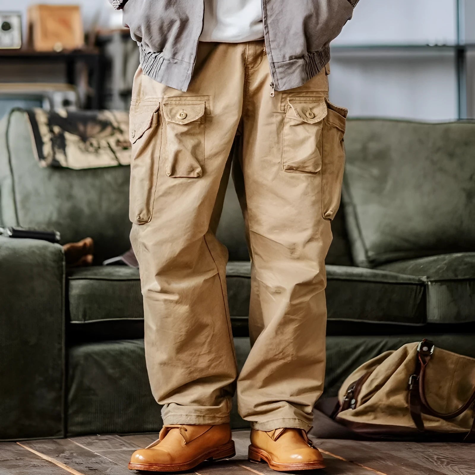 Men's corduroy cargo pants in khaki colour with multi-pockets, drawstring waist, and straight legs