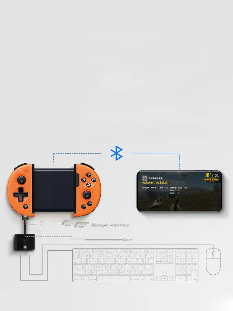 Feizhi Wee2T blue plastic USB mobile game controller stretching to hold a smartphone.