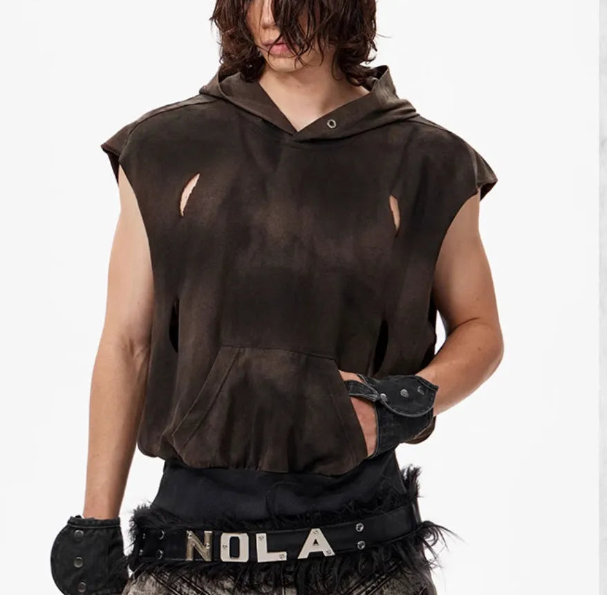 Khaki coloured short hood vest made of cotton fabric for teenagers, shown in size L.