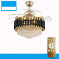 Crystal chandelier style ceiling fan with light and remote control on white ceiling.