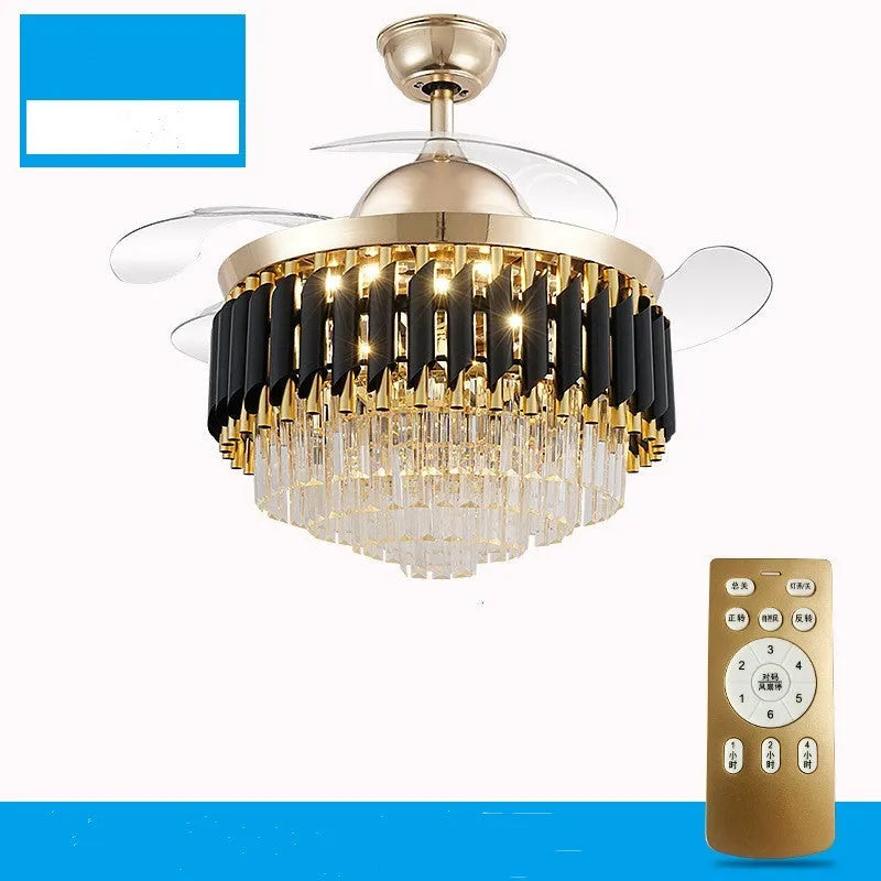 Crystal chandelier style ceiling fan with light and remote control on white ceiling.