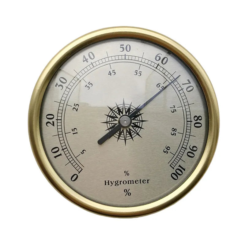 Analog thermometer and hygrometer with silver aluminium ring and dial showing temperature and humidity scales.
