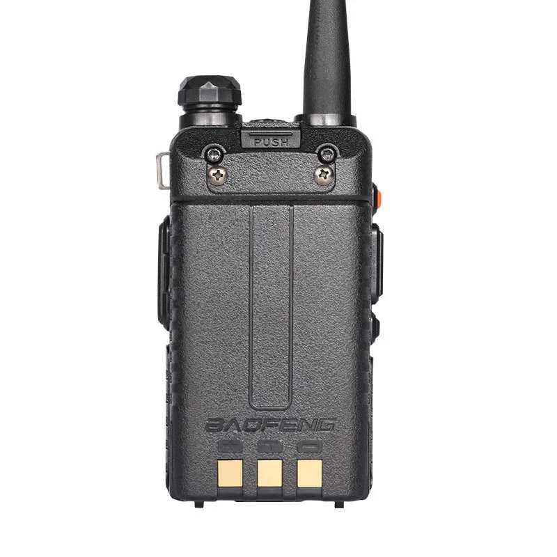 A black dual-band walkie talkie with antenna, showing its compact 110x58x32 mm size.