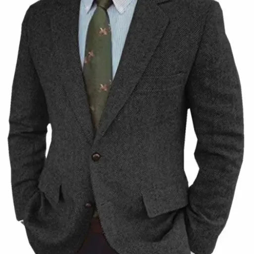 Brown herringbone pattern men's retro suit jacket with long sleeves on a hanger