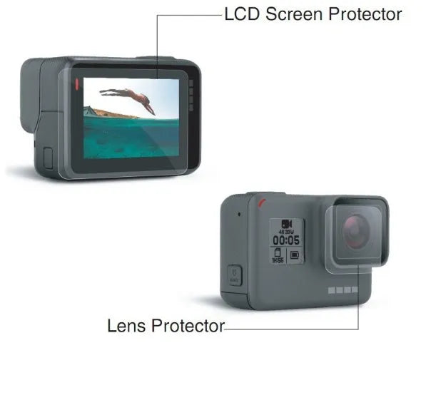 9H tempered glass screen protector and lens film for GoPro Hero 5, 6, and 7 action cameras.