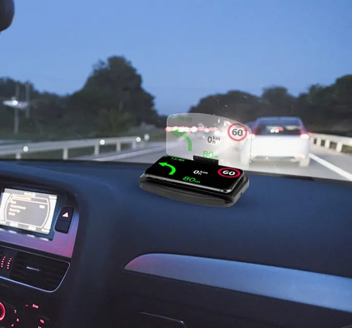 Black car HUD navigation bracket with reflective film and 3M adhesive feet on a dashboard