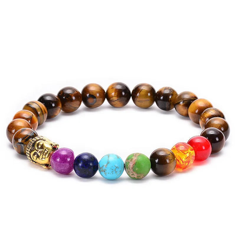 Seven chakra beaded bracelet with natural stone and tiger eye beads, adjustable rope, unisex design.