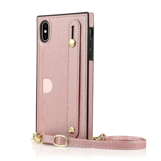 Leather iPhone case with card holder in black, red, rose gold, green, and purple colour options.