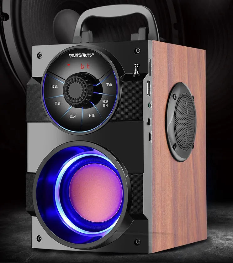 Black mini portable home audio speaker system with subwoofer and connection cable