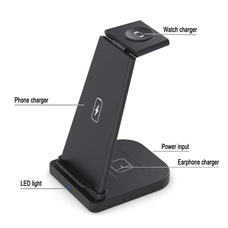 Black foldable 3-in-1 wireless charger showing phone, watch and headphone charging areas