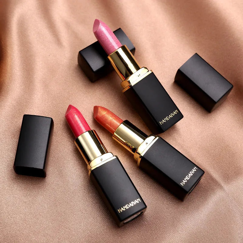 Pearlescent thermochromic lipstick in a standard bullet format with colour-shifting finish, available in nine shades