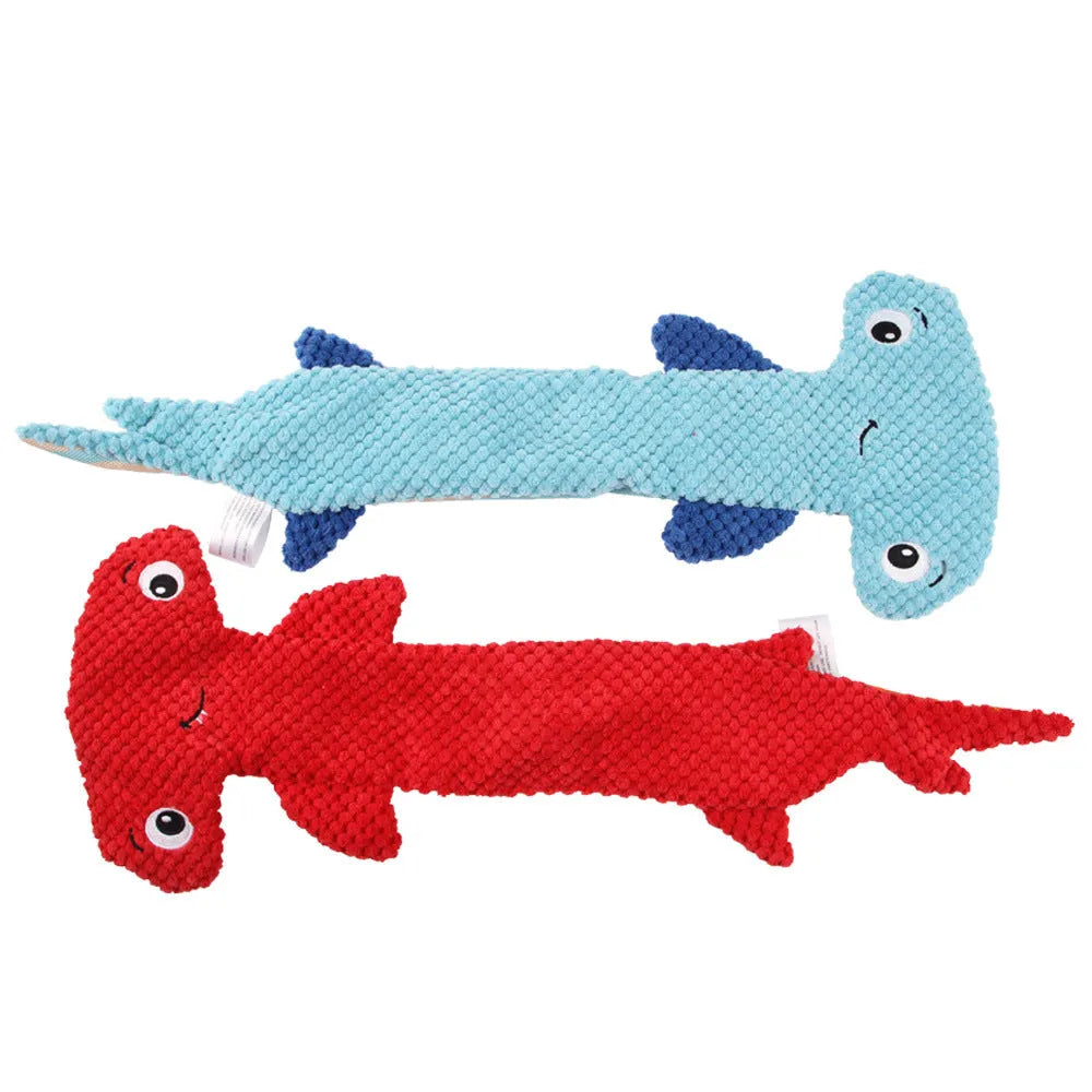 Hammerhead shark shaped polyester dog toy with sound maker in red and blue colour options