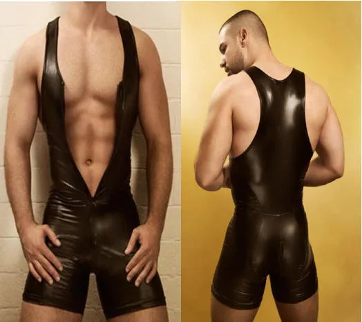 Men's black PU leather fitness tights on a model, showing skinny fit and shiny finish