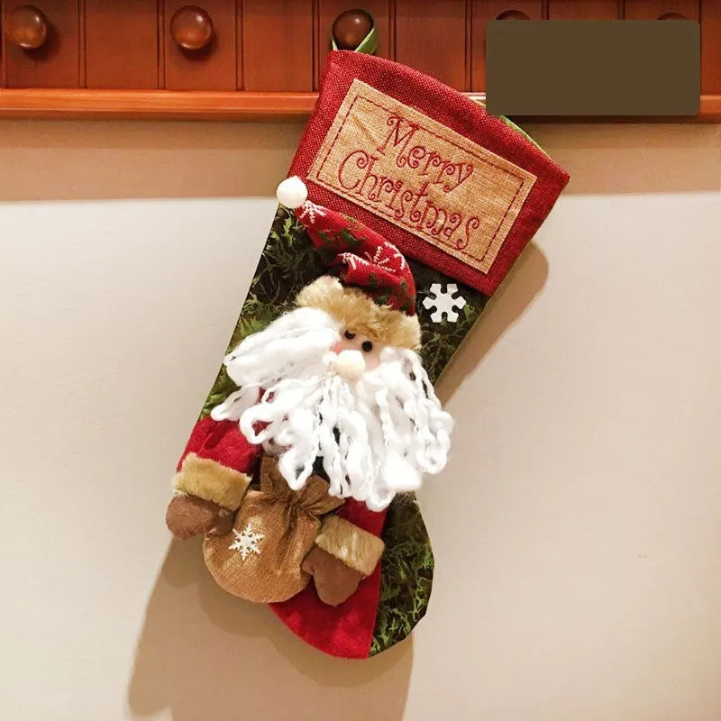 Red burlap Christmas stocking with 3D applique snowman design and fluffy white trim