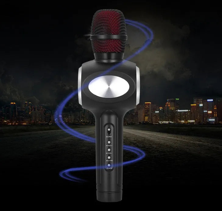 Yaerjia E108 wireless karaoke microphone in black, gold, or pink colour with built-in speaker