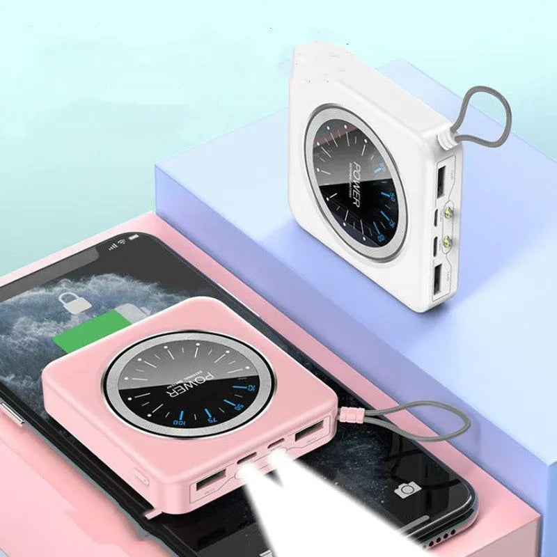 Alloy-case portable power bank with digital clock display in mint green, showing its multi-U port and compact size.