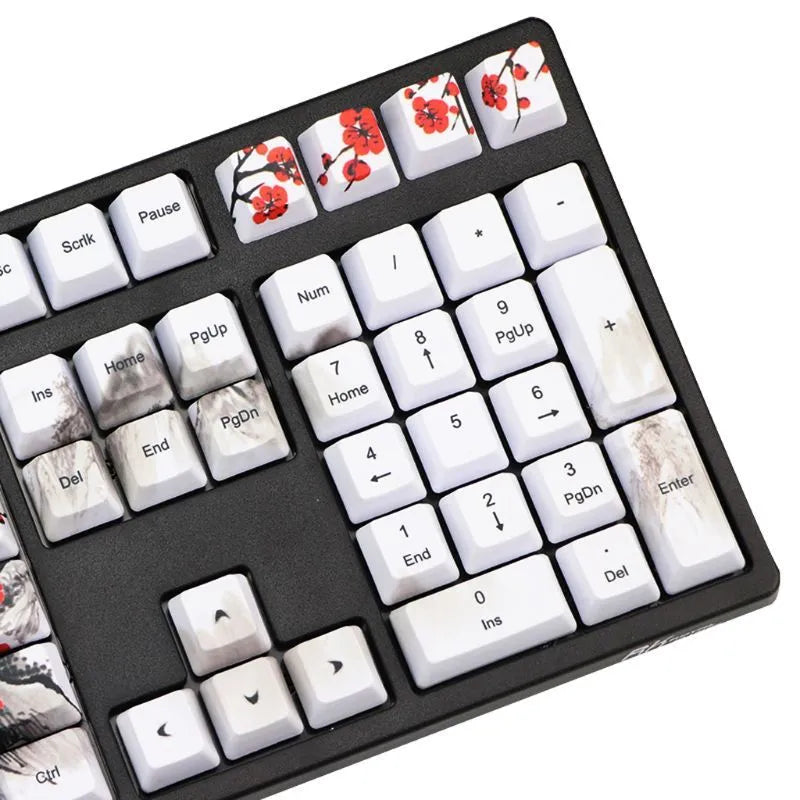 PBT keycap set with Wangjiang plum blossom design, showing Japanese, Korean, and US English legend options