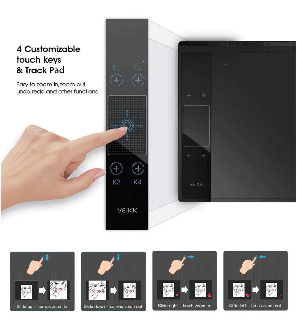 VEIKK A30 drawing tablet with battery-free stylus on desk showing 10x6 inch active area