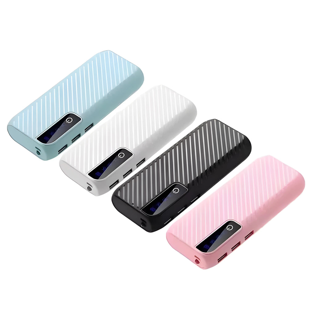 Black 20000mAh mini power bank showing dual USB output ports and compact size