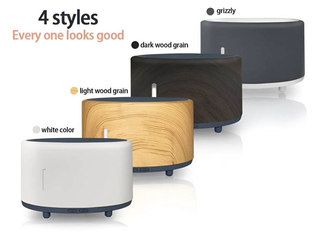 Bluetooth remote controlled humidifier and aromatherapy diffuser with LED flame effect in three colour finishes.