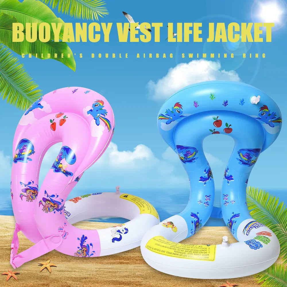 Happy Tour thickened double airbag PVC swim vest in pink and blue with printed pattern for children and adults