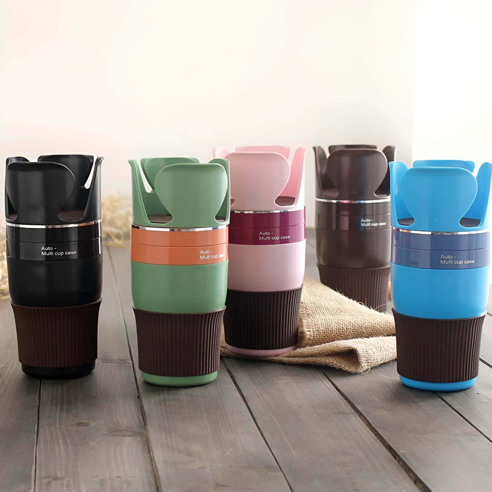 Car mounted multifunctional storage cup holder in black, coffee, pink, green, or blue colours
