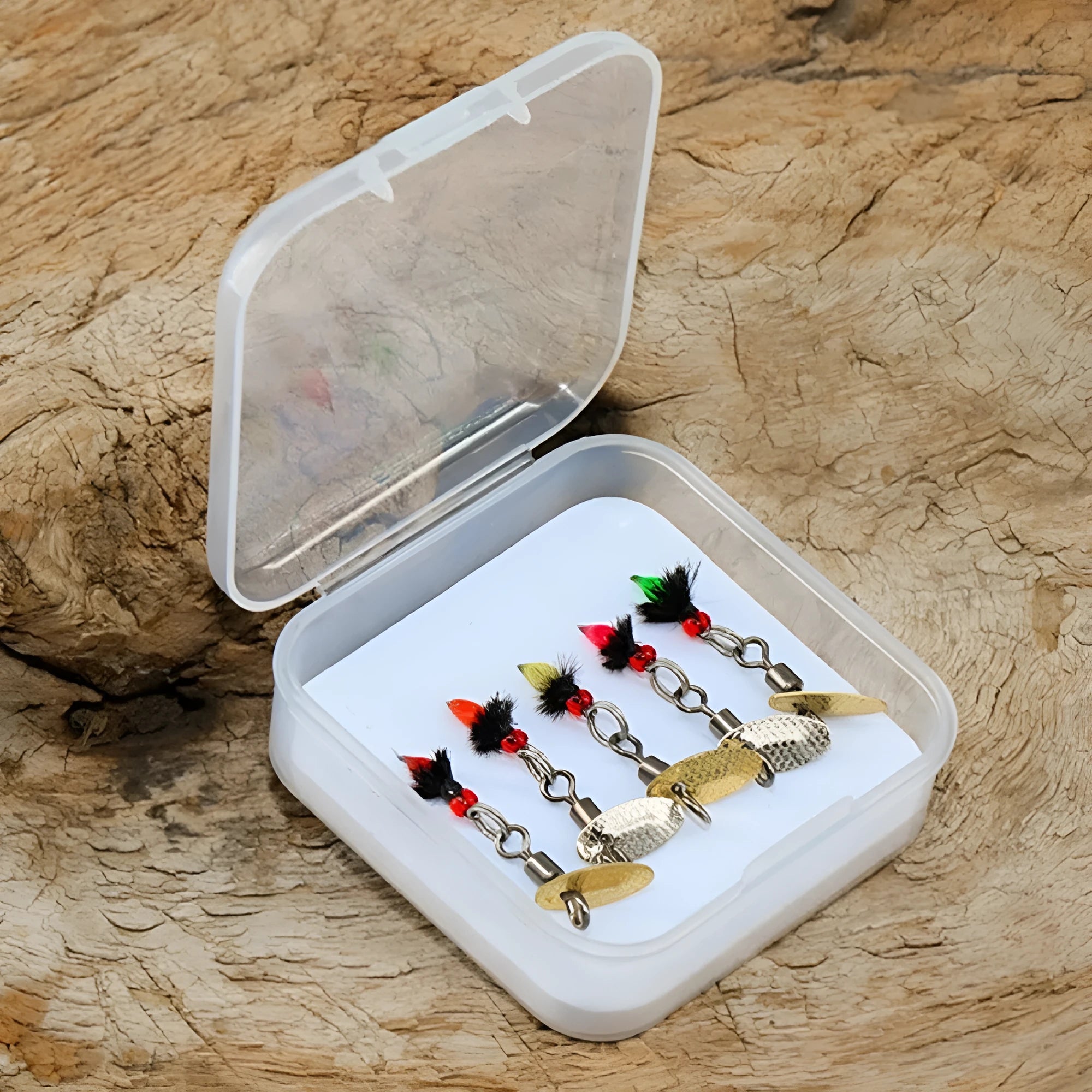 Five bionic mosquito fishing hooks with spinning sequins in multicolour patterns