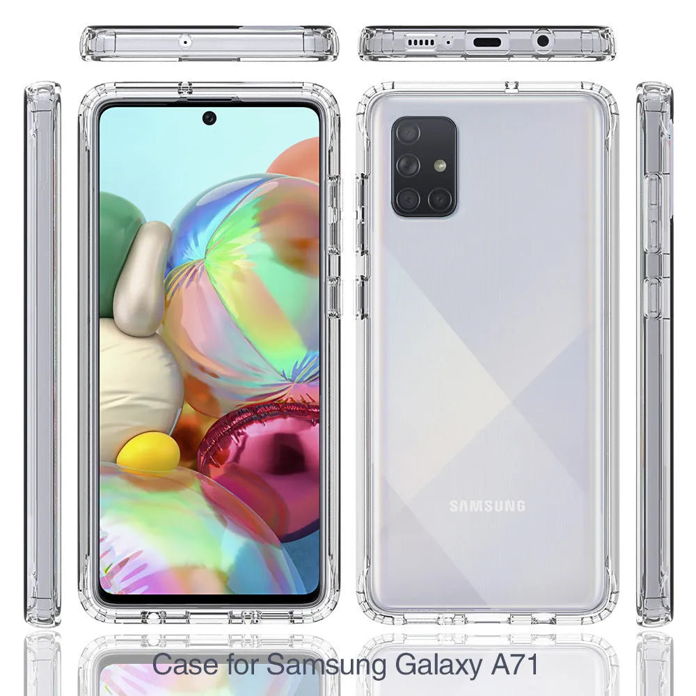 Transparent Samsung Galaxy phone case showing front and back views on a phone.