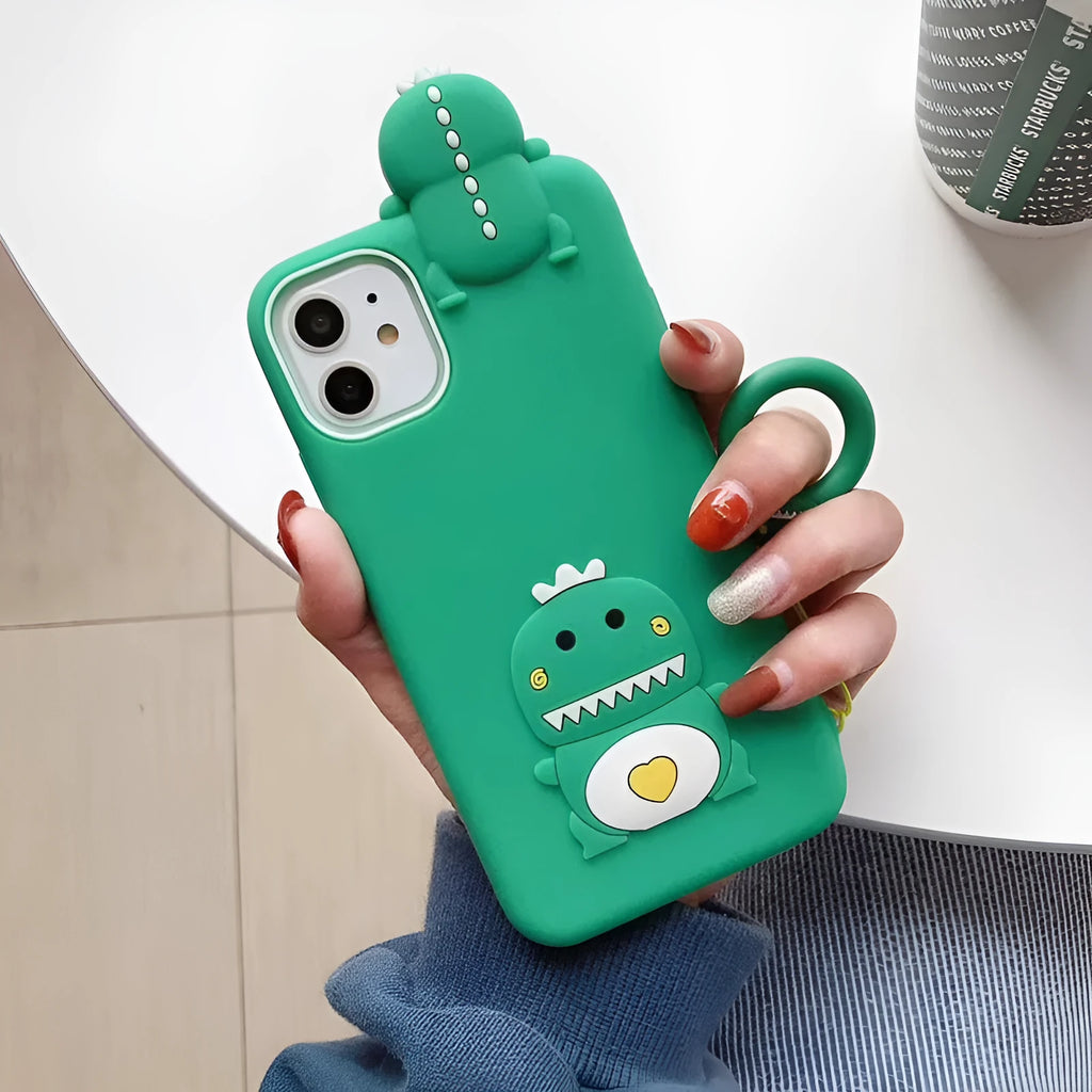 Green silicone iPhone case with cartoon animal design showing back cover style for drop protection