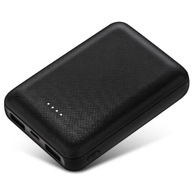 Black ultra-thin 10000mAh power bank showing dimensions and USB charging ports