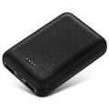 Black ultra-thin 10000mAh power bank showing dimensions and USB charging ports