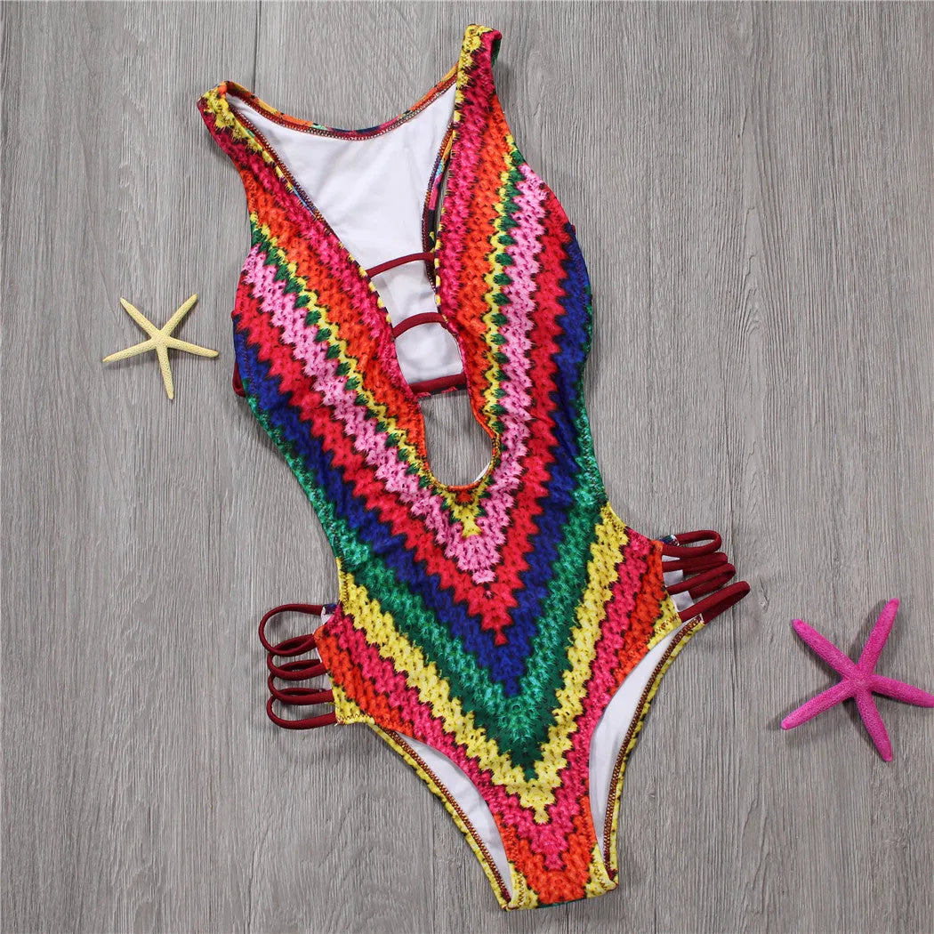 Women's printed one-piece swimsuit with open back, chest pad and rainbow colour option