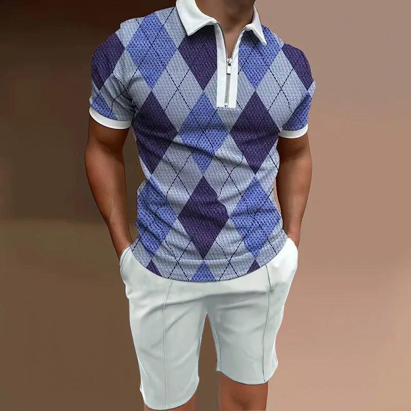 Men's printed polyester short sleeve top and matching shorts two-piece casual set